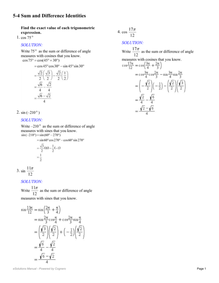 5 4 Sum And Difference Identities