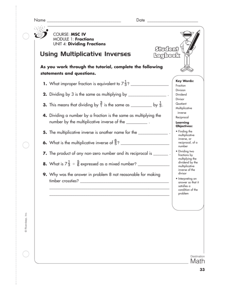 Using Multiplicative Inverses Tto Slove Equations With Fractions Worksheet