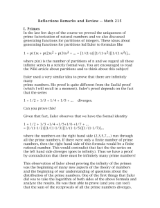 Reflections Remarks and Review -- Math 215 I. Primes In the last