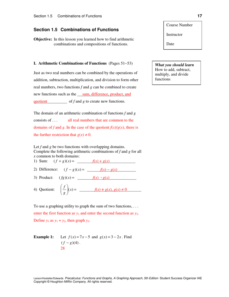 Section 225.25 Combinations of Functions In Composition Of Functions Worksheet Answers