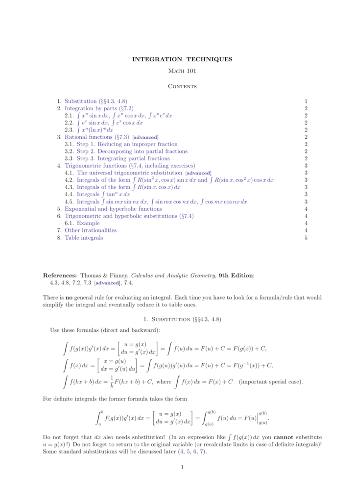 Integration Techniques Math 101 Contents 1 Substitution
