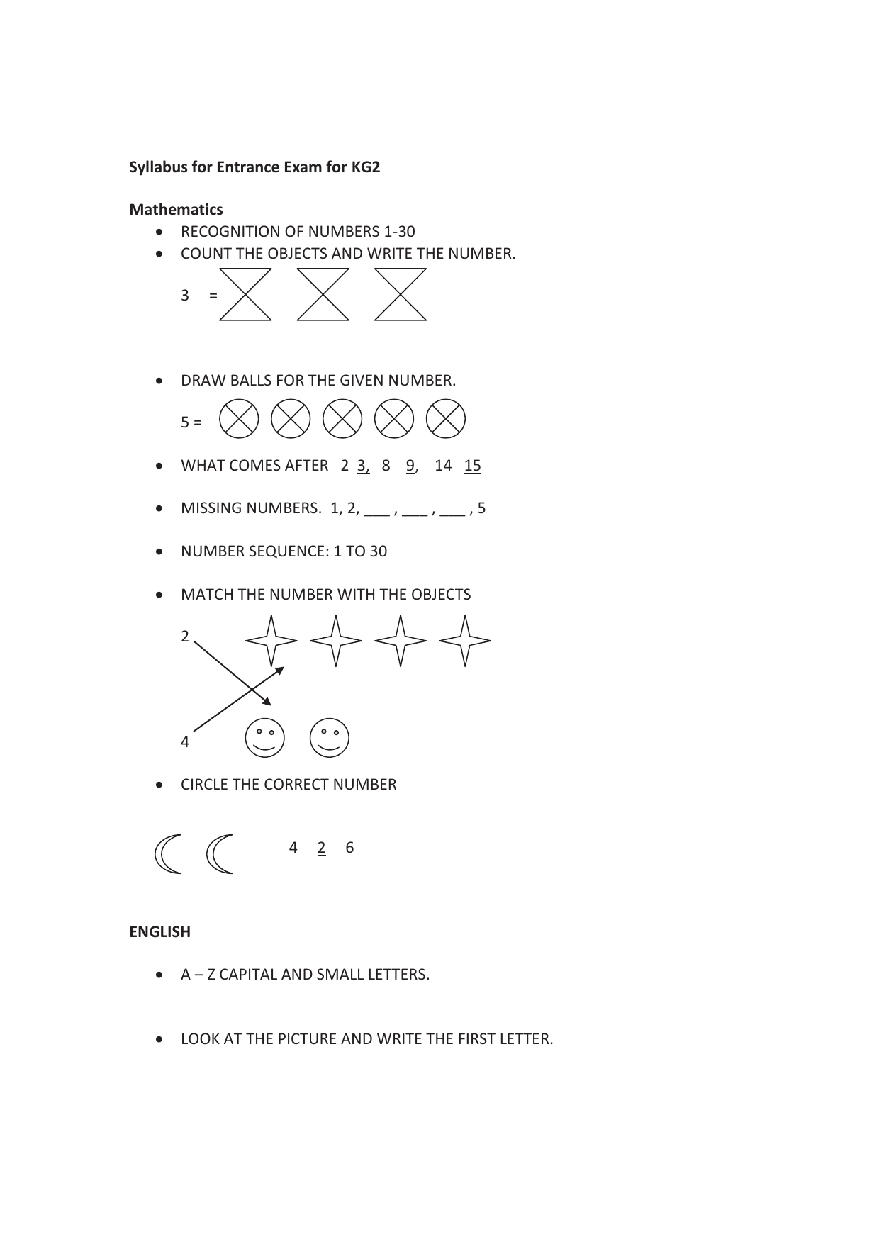 Syllabus For Entrance Exam For KG2 Mathematics RECOGNITION