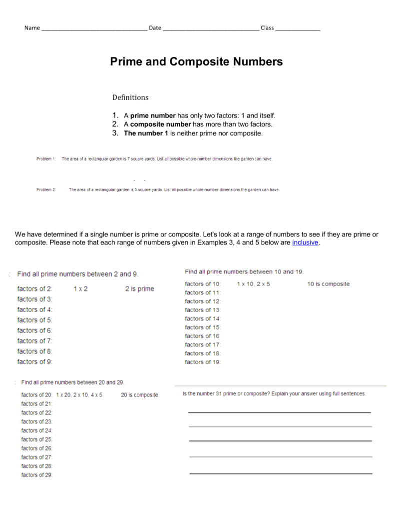 Prime and Composite Number Worksheet.pub In Prime And Composite Numbers Worksheet