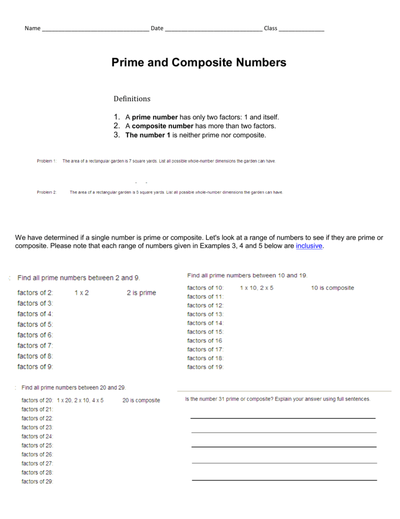 Prime and Composite Number Worksheet.pub With Regard To Prime And Composite Numbers Worksheet