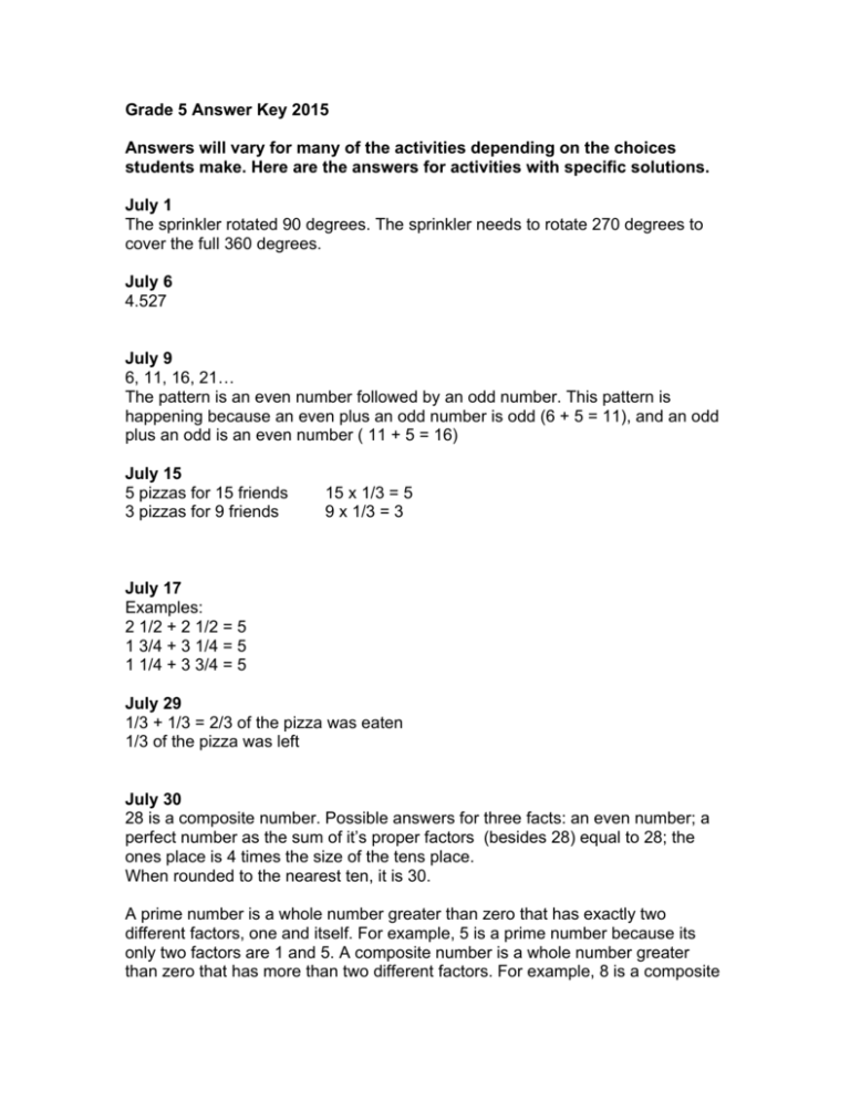 Grade 5 Answer Key 2015 Answers Will Vary For Many Of The