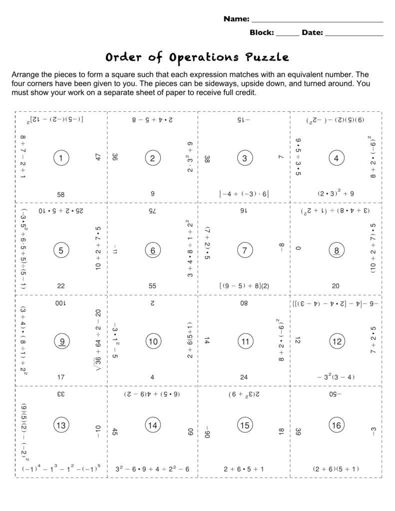 Order of Operations Puzzle Inside Order Of Operations Puzzle Worksheet