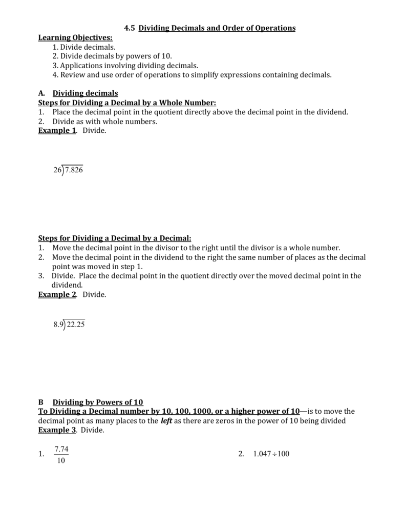 45 Dividing Decimals And Order Of Operations