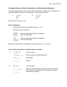 Pre-Algebra Review of Order of Operations on Whole Numbers