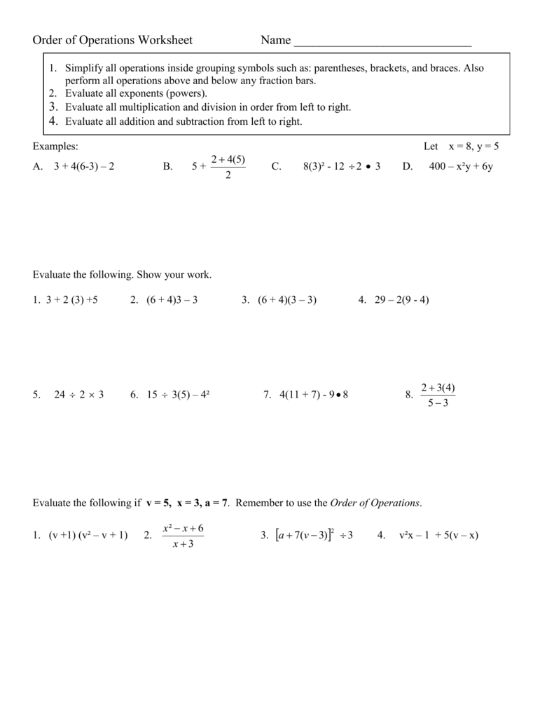 Order of Operations with Parentheses, brackets & braces Worksheet