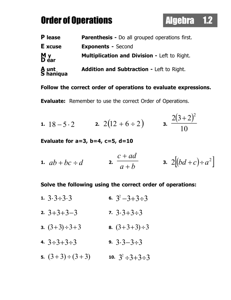 Order Of Operations Integers Exponents Etc