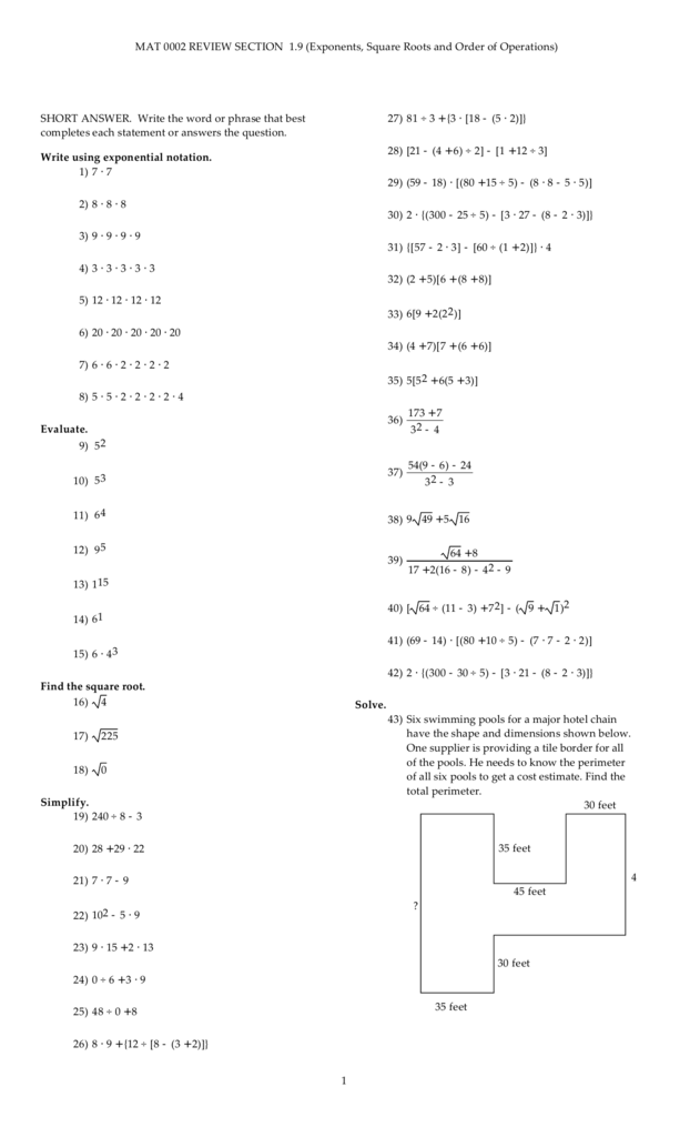 MAT 0002 REVIEW SECTION 1 9 Exponents Square Roots And