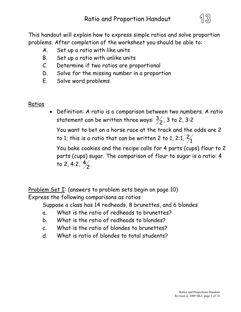 Ratio and Proportion Handout With Solving Proportions Word Problems Worksheet