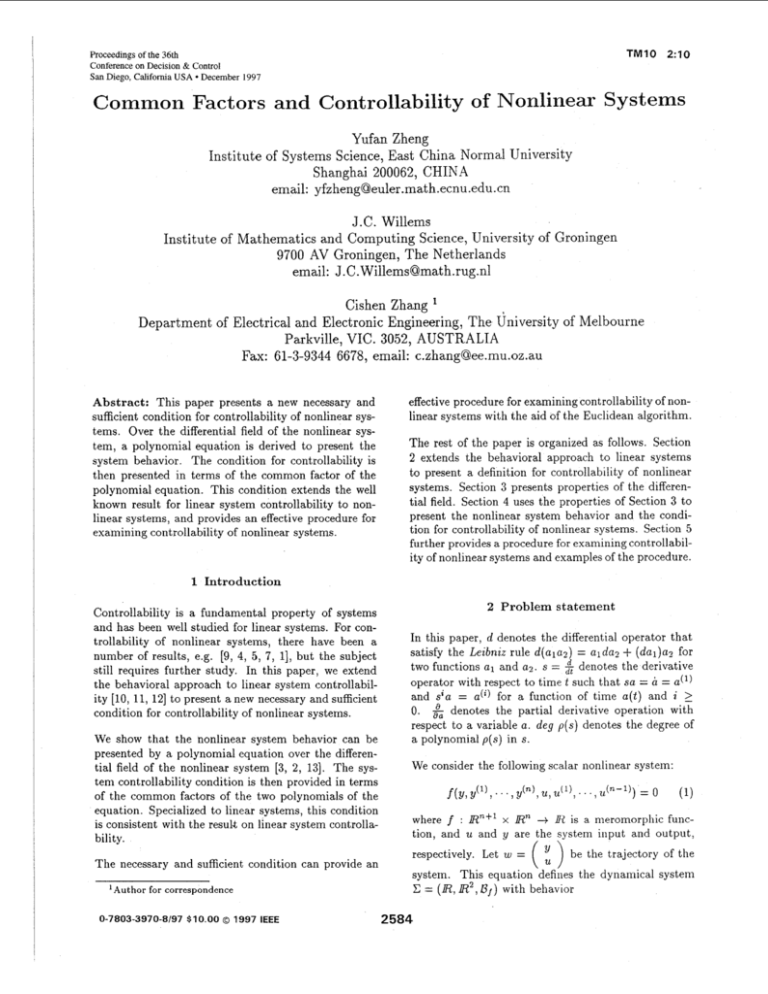 common-factors-and-controllablity-of-nonlinear-systems