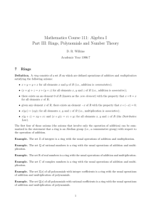 Mathematics Course 111: Algebra I Part III: Rings, Polynomials and