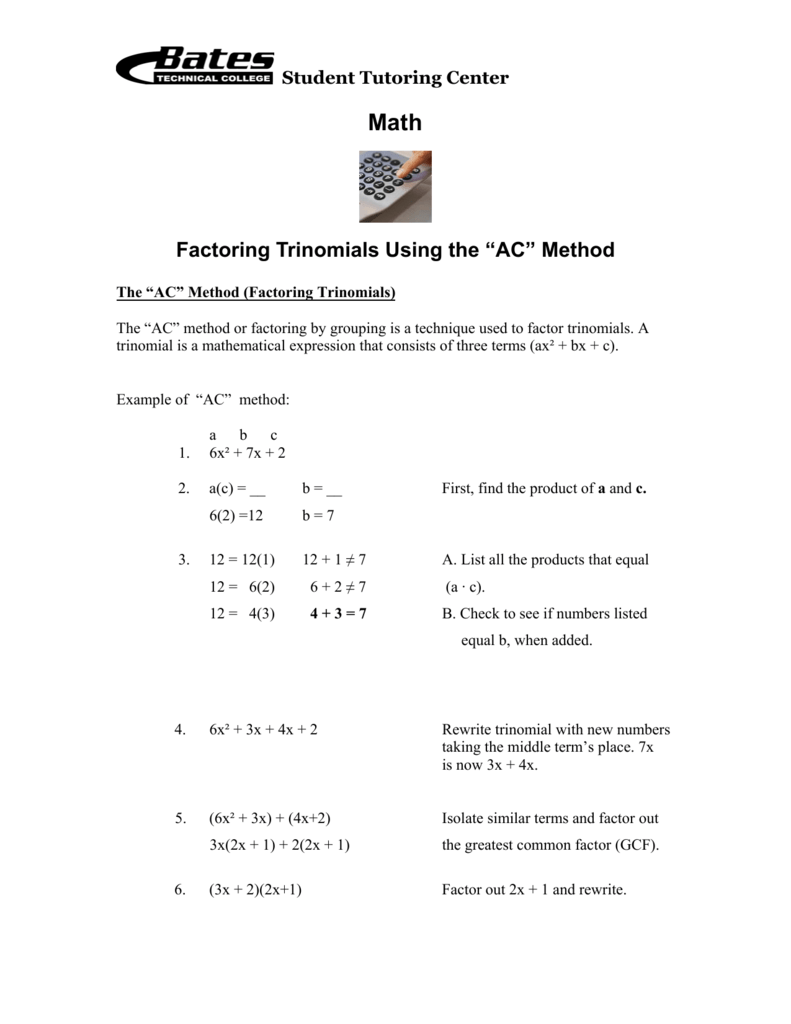 Factoring Trinomials Using the “AC” Method Within Factoring Special Cases Worksheet