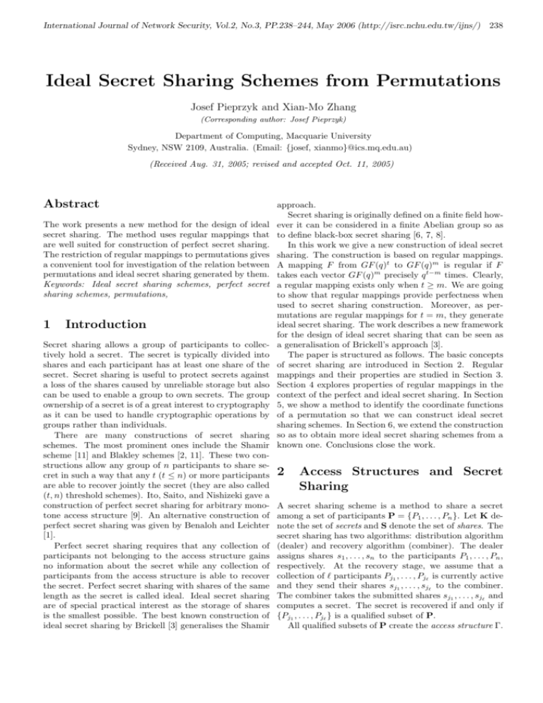 Ideal Secret Sharing Schemes From Permutations