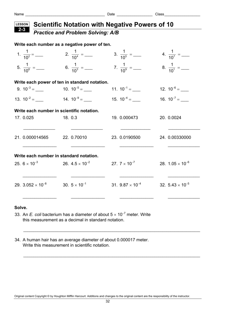 scientific notation with negative powers of 10 practice and problem solving d