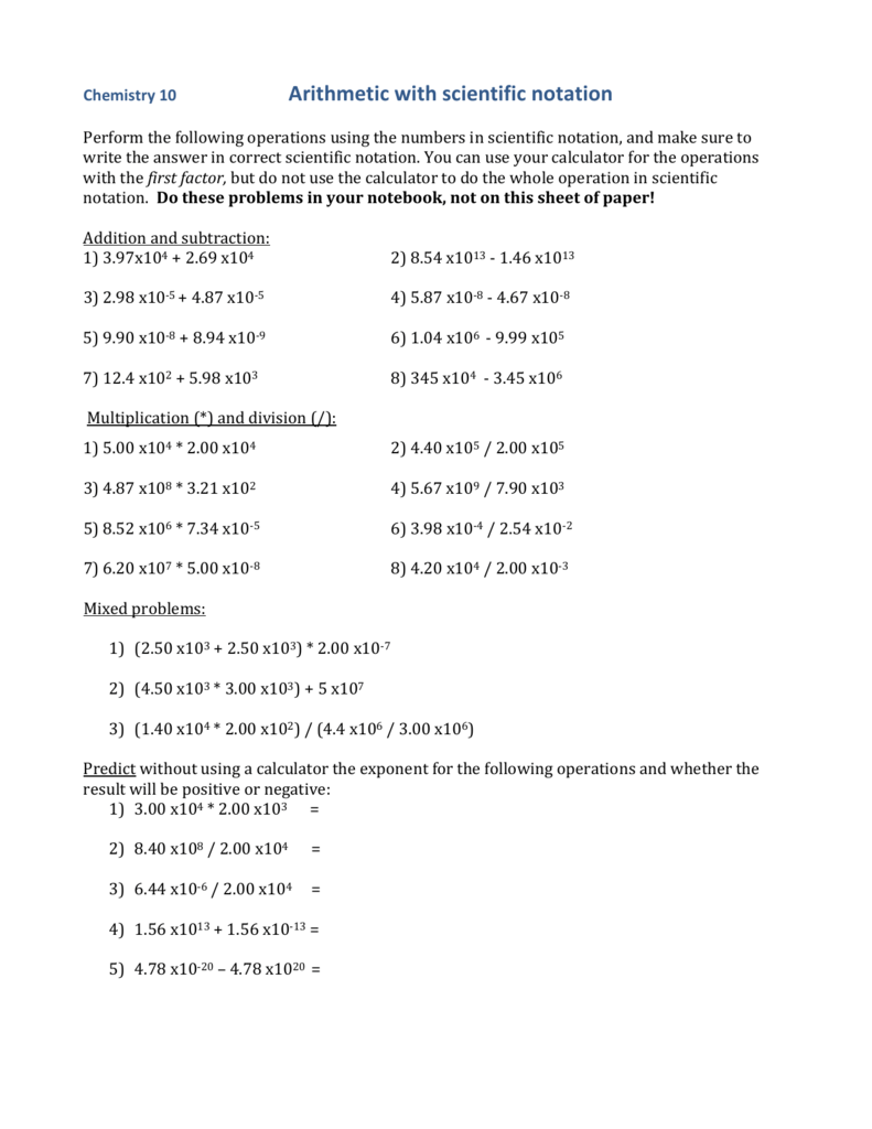 Arithmetic with Scientific Notation Worksheet In Operations With Scientific Notation Worksheet