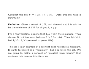 Consider the set S = {1/n : n ∈ N}. Does this set have a minimum