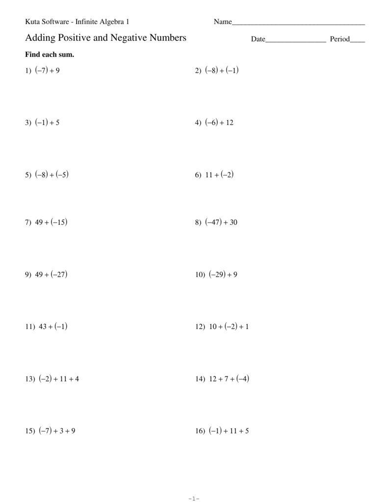Adding Positive And Negative Numbers Worksheets