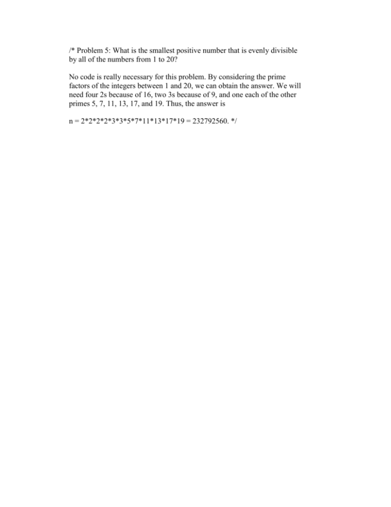  Problem 5 What Is The Smallest Positive Number That Is Evenly