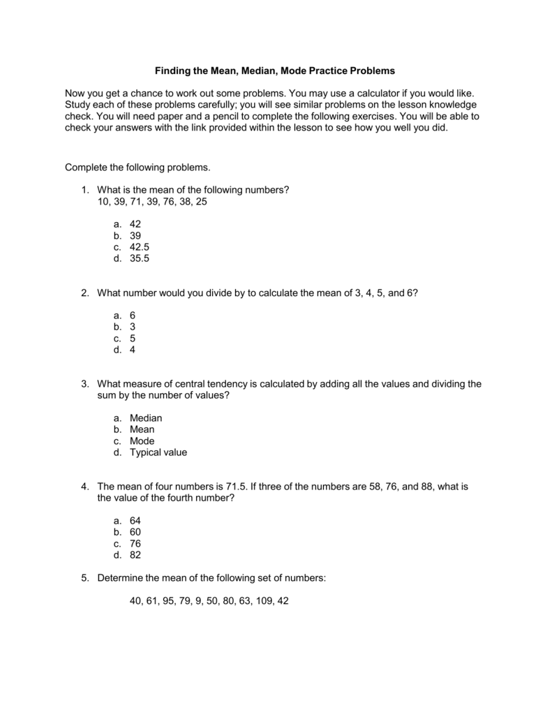 Mean Median And Mode Practice Problems
