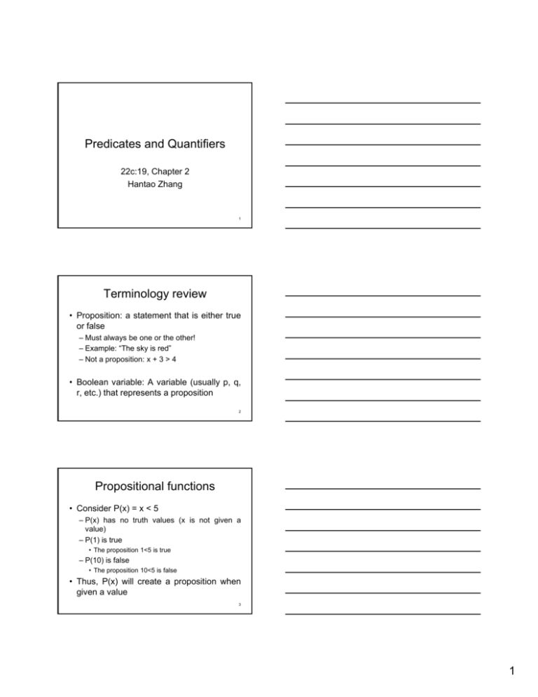 Predicates And Quantifiers Terminology Review Propositional Functions