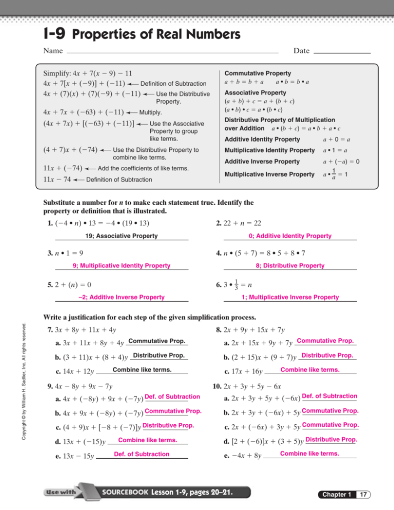 Properties Of Real Numbers Worksheet With Answers Pdf Grade 9