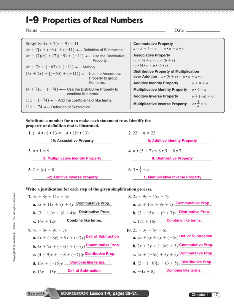 22-22 Properties of Real Numbers With Properties Of Real Numbers Worksheet