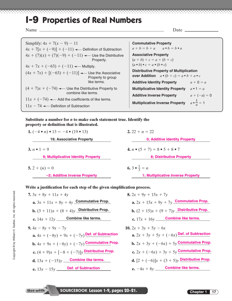 Properties Of Real Numbers Matching Worksheet