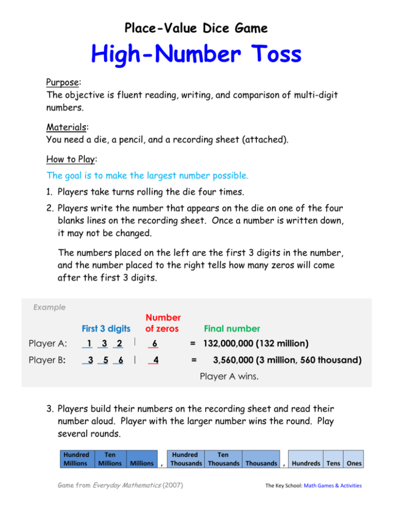 Place Value Dice Game High Number Toss