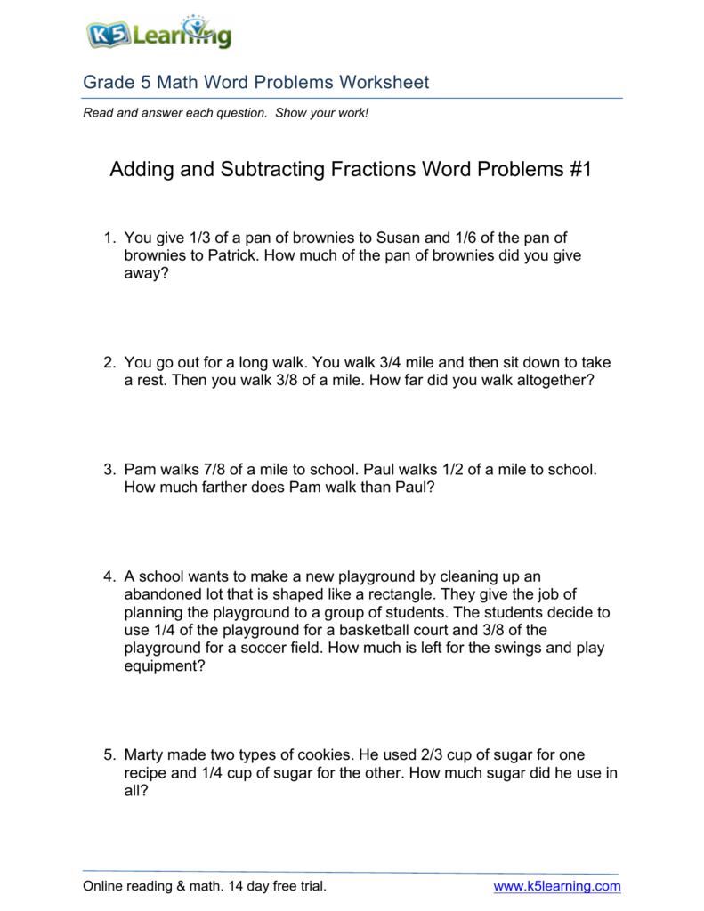 subtracting fractions problem solving questions