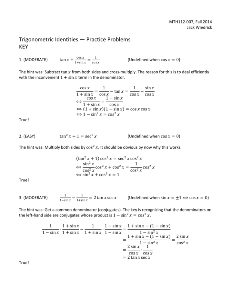 Trigonometric Identities Practice Problems Key