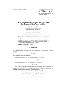 Small Solutions to Polynomial Equations, and Low Exponent RSA