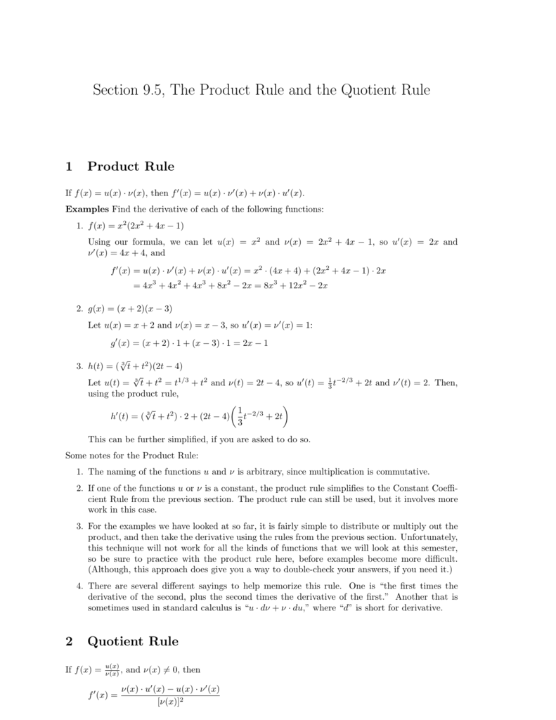 Section 9 5 The Product Rule And The Quotient Rule