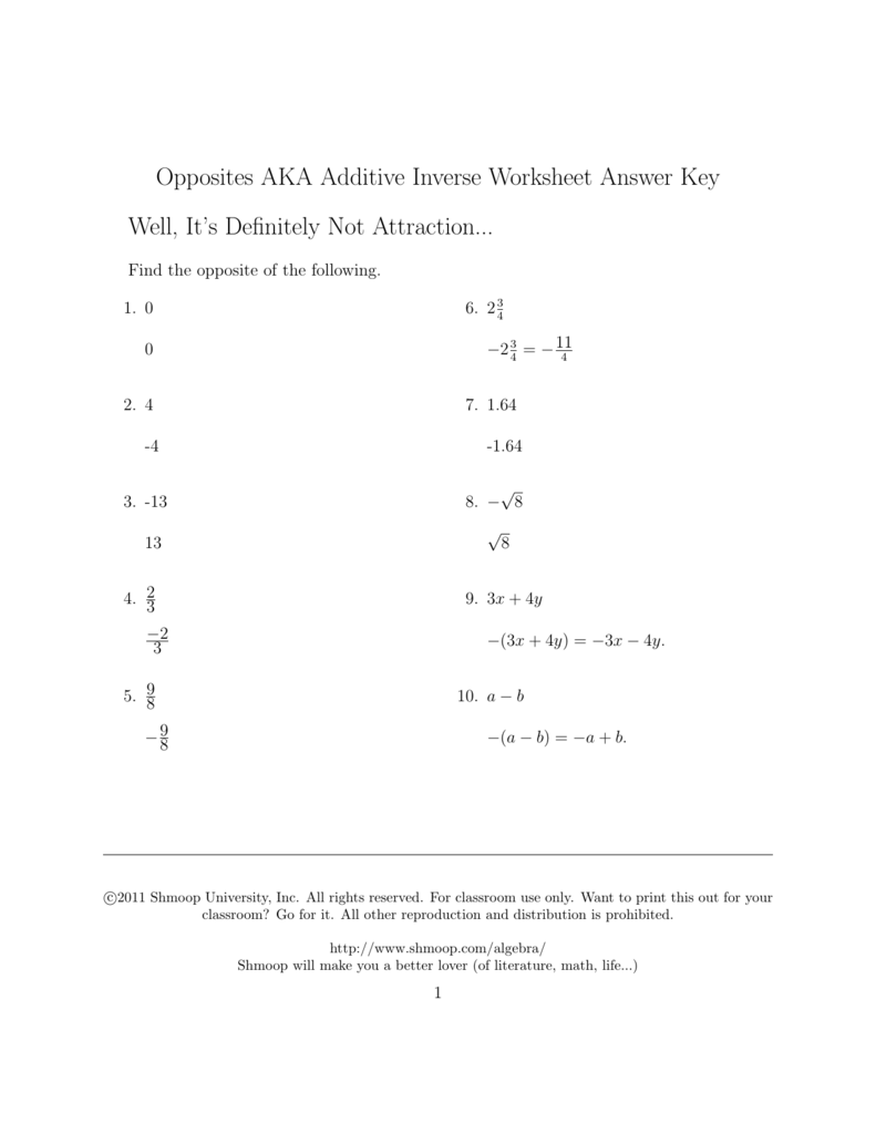 Opposites AKA Additive Inverse Worksheet Answer Key Well It s