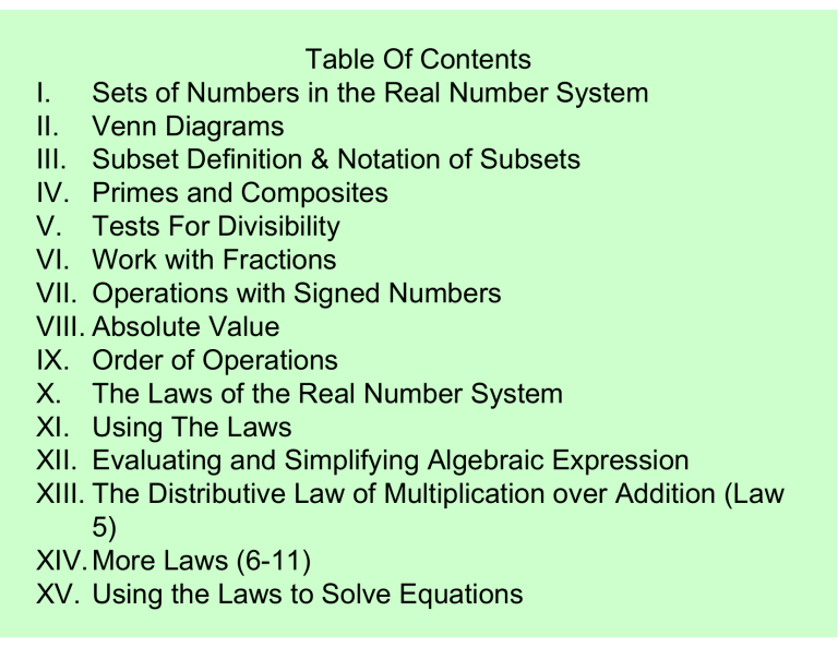 Table Of Contents I Sets Of Numbers In The Real Number System II Table Of Contents I Sets Of Numbers In The Real Number System II