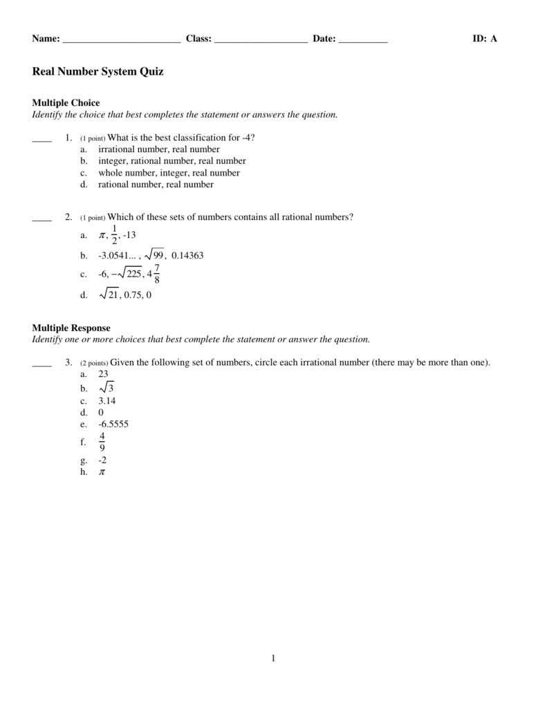 Real Number System Quiz Pertaining To Classify Real Numbers Worksheet