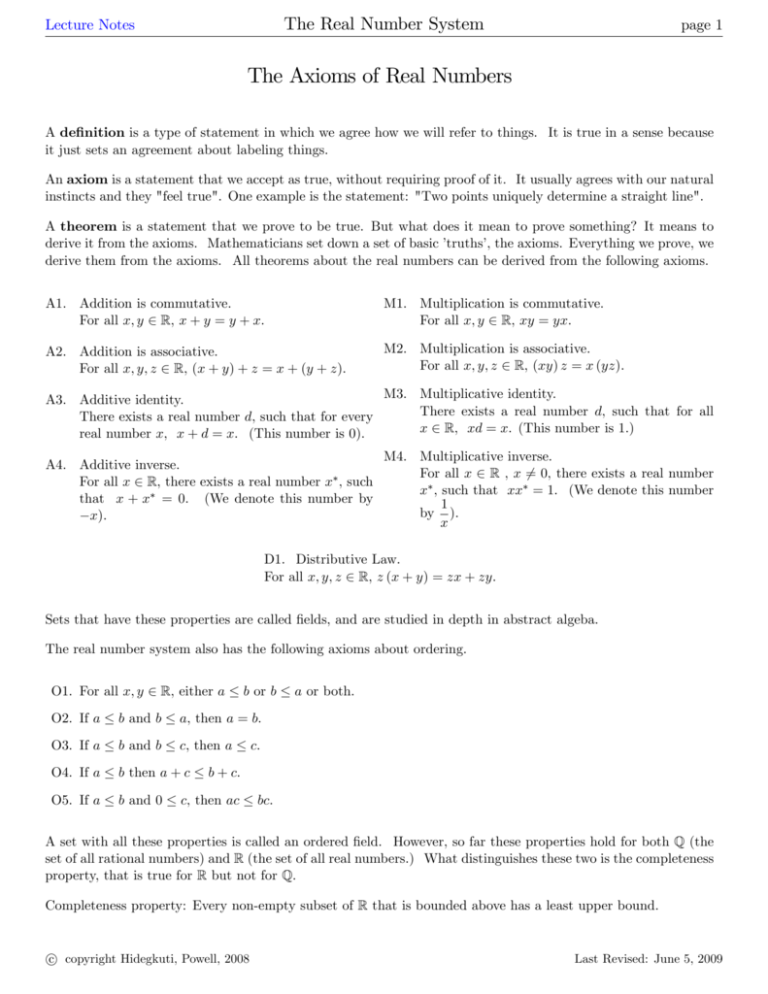 Assiomi Del Sistema Dei Numeri Reali Appunti