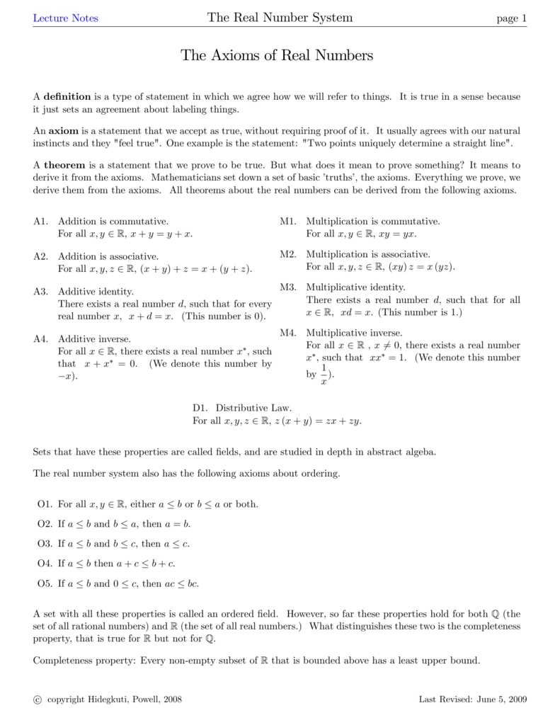 The Axioms of Real Numbers Intended For Properties Of Real Numbers Worksheet
