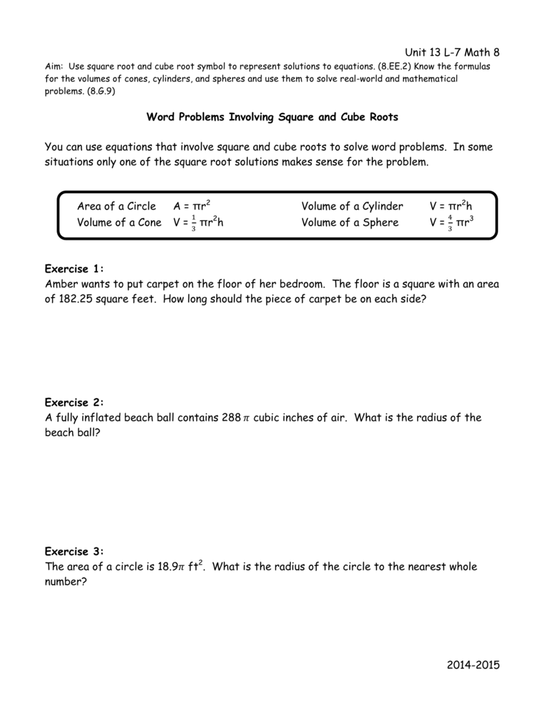 L-22 Word Problems with Square Cube roots Intended For Volume Word Problems Worksheet