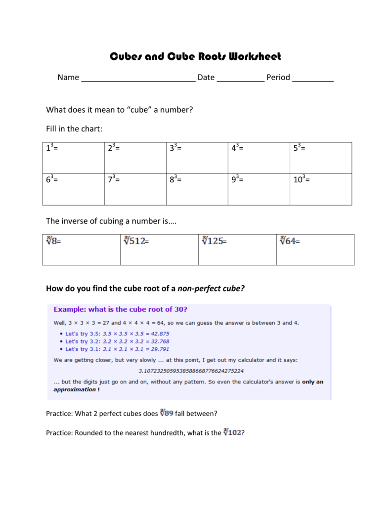 Cubes and Cube Roots Worksheet - math-clix Regarding Square And Cube Roots Worksheet