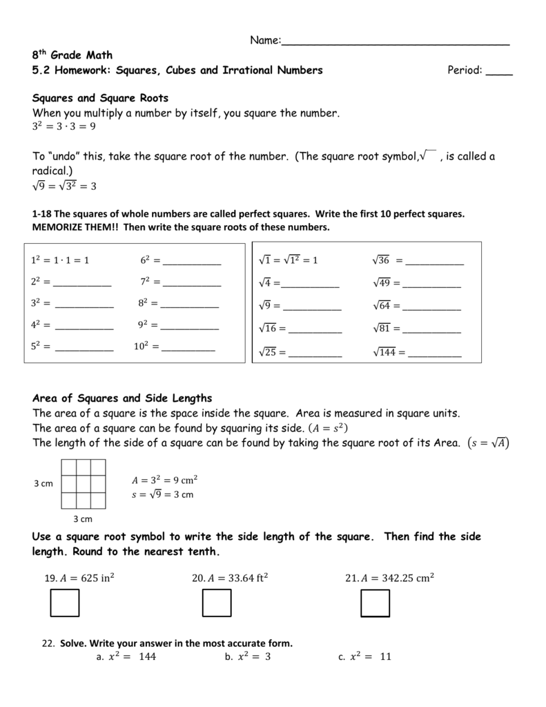 25255th Grade Math 255.25 Homework: Squares, Cubes and Irrational With Squares And Square Roots Worksheet