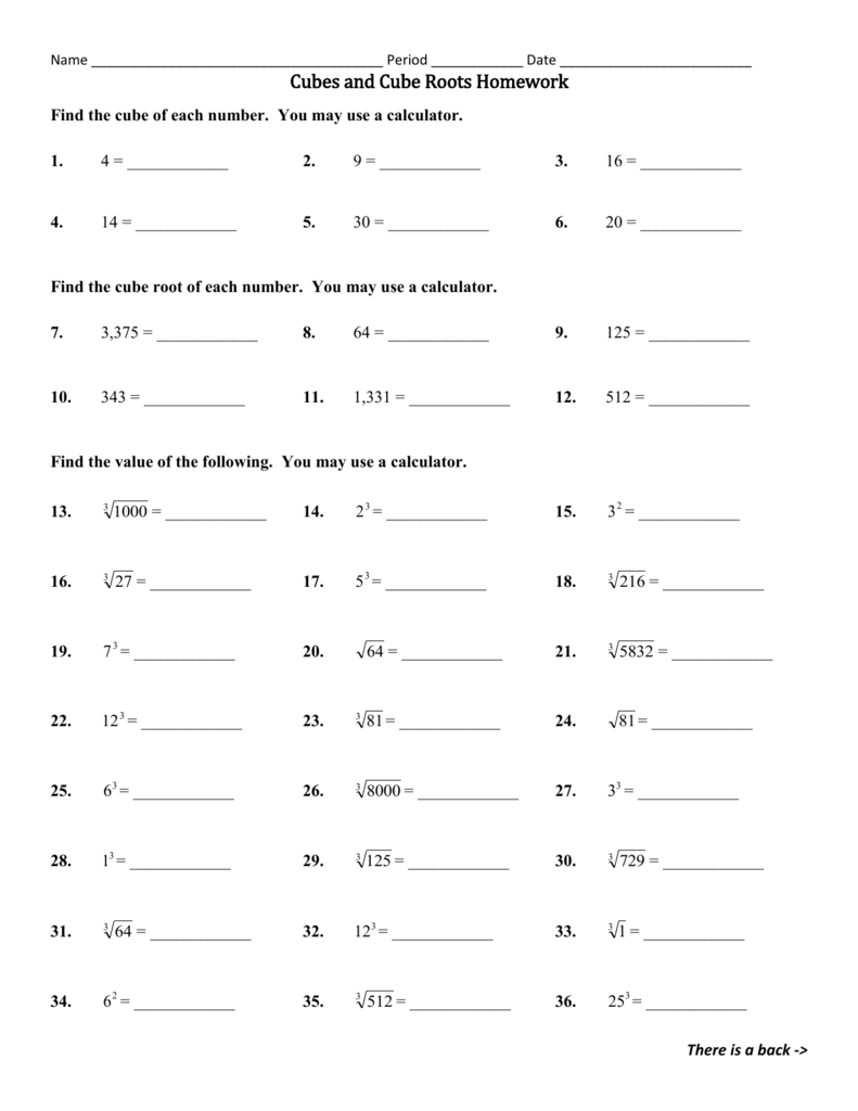 Cubes and Cube Roots Homework With Square And Cube Roots Worksheet