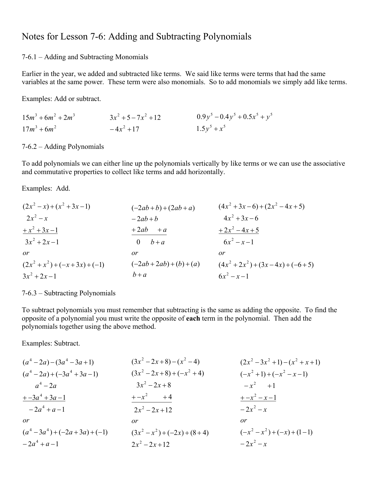 Notes for Lesson 21-21: Adding and Subtracting Polynomials Throughout Adding Subtracting Polynomials Worksheet