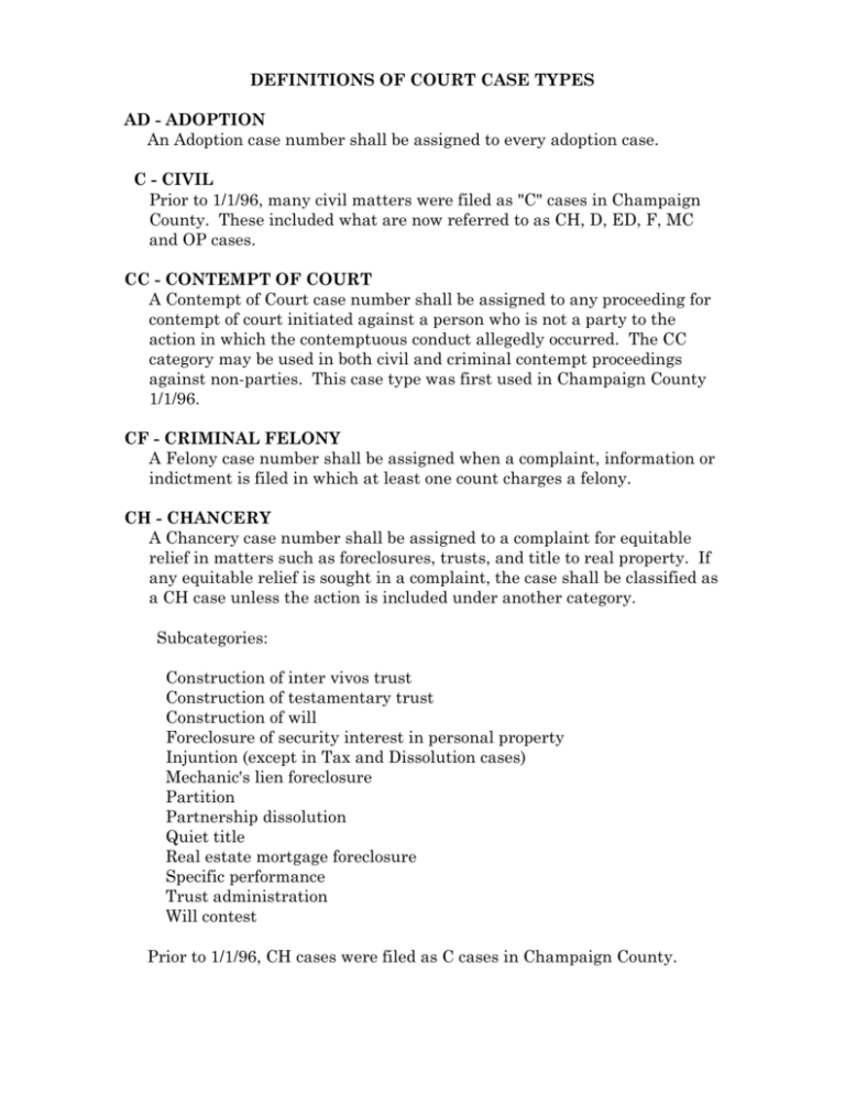 DEFINITIONS OF COURT CASE TYPES AD
