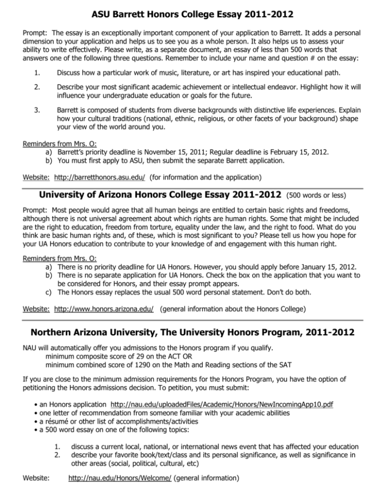 barrett honors college essay questions