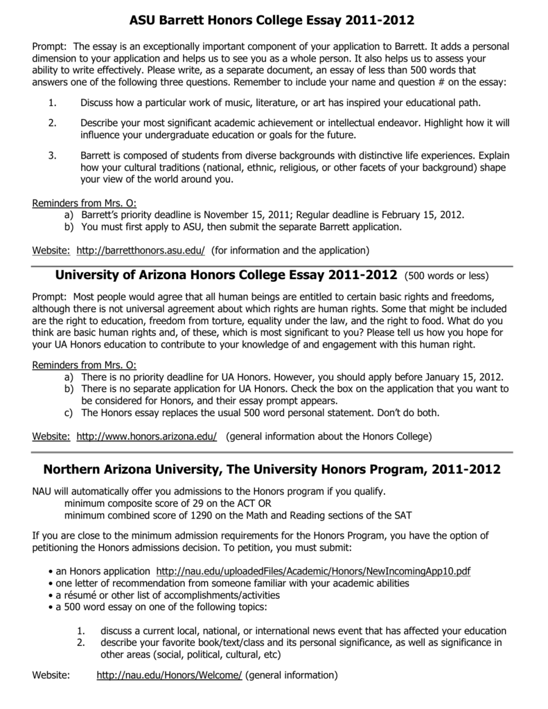 university of arizona honors college essay