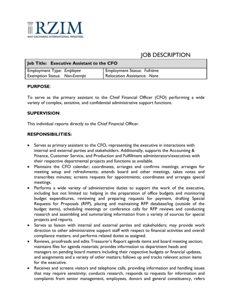 Job description of executive assistant to cfo