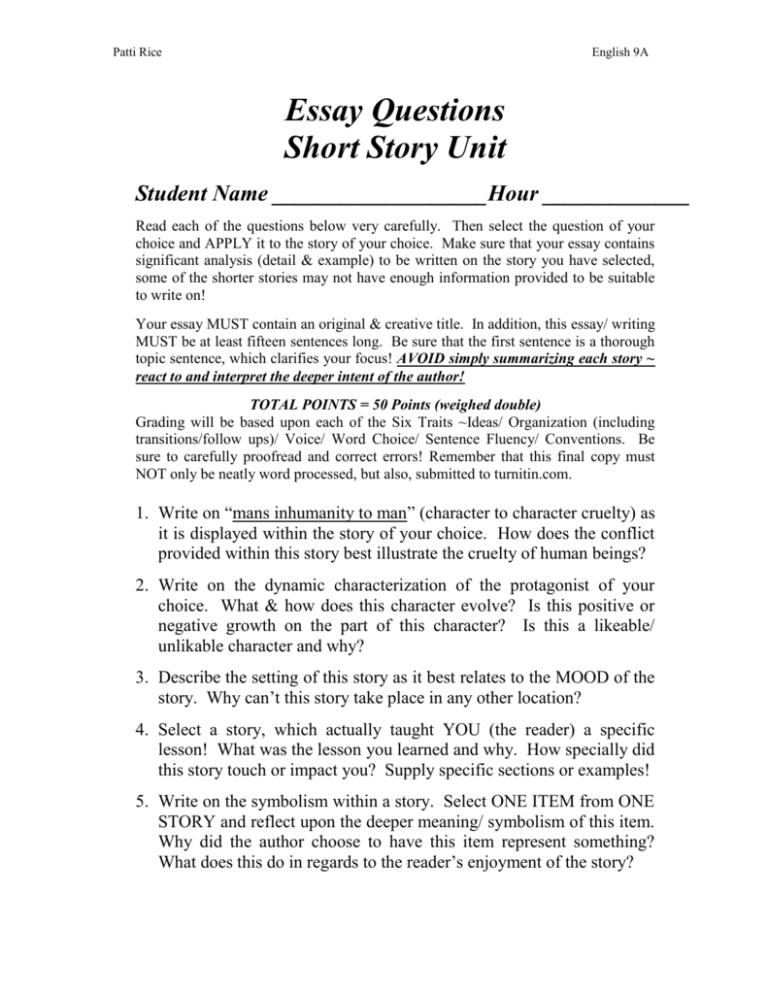 Essay Questions For Short Story Unit doc